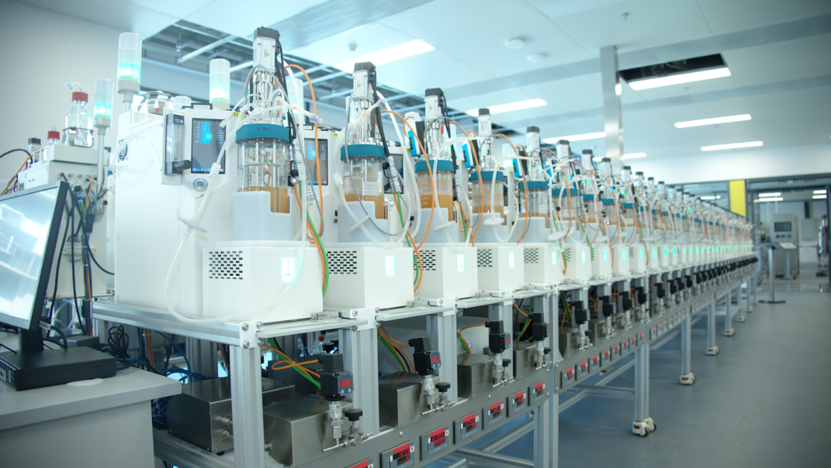 Automated fermentation reactors lined up in a modern pharmaceutical lab
