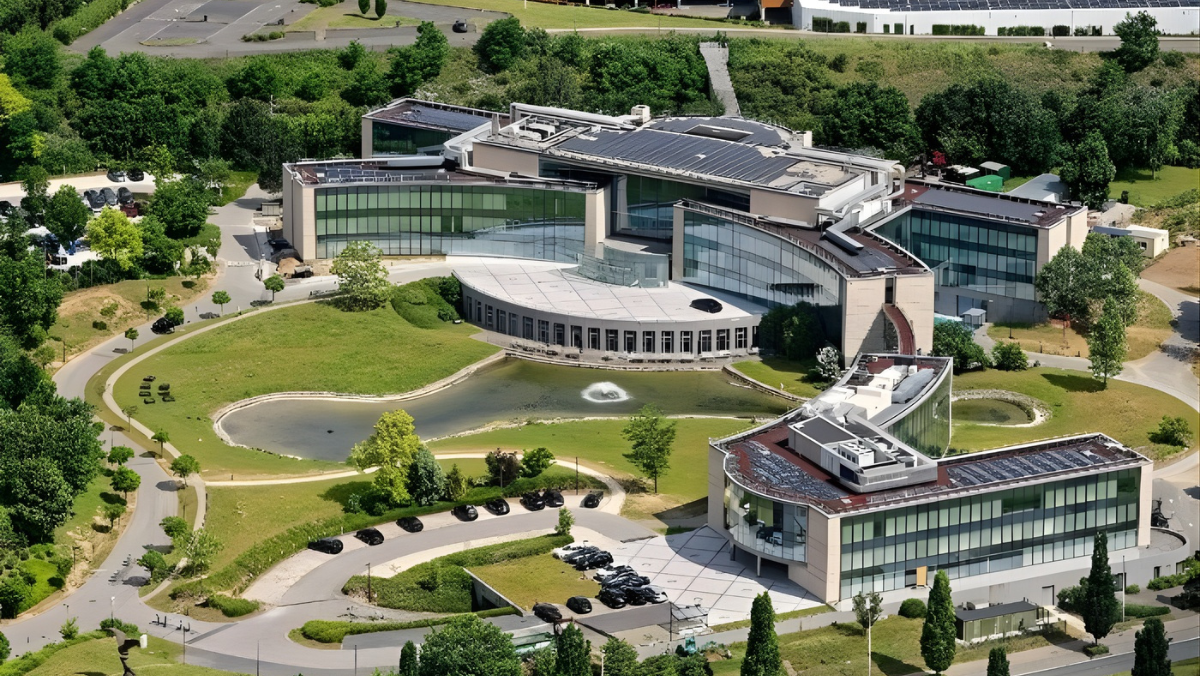 Aerial view of modern biopharmaceutical research and production facility