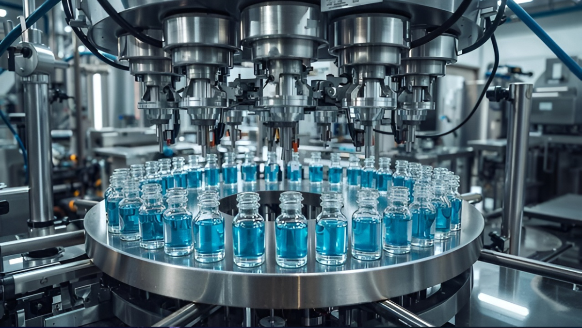 Automated filling machine dispensing blue liquid into glass vials in a biopharma facility.