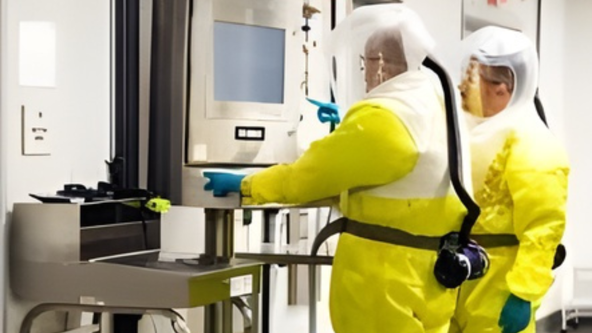 Workers in full protective suits operating equipment inside a sterile lab