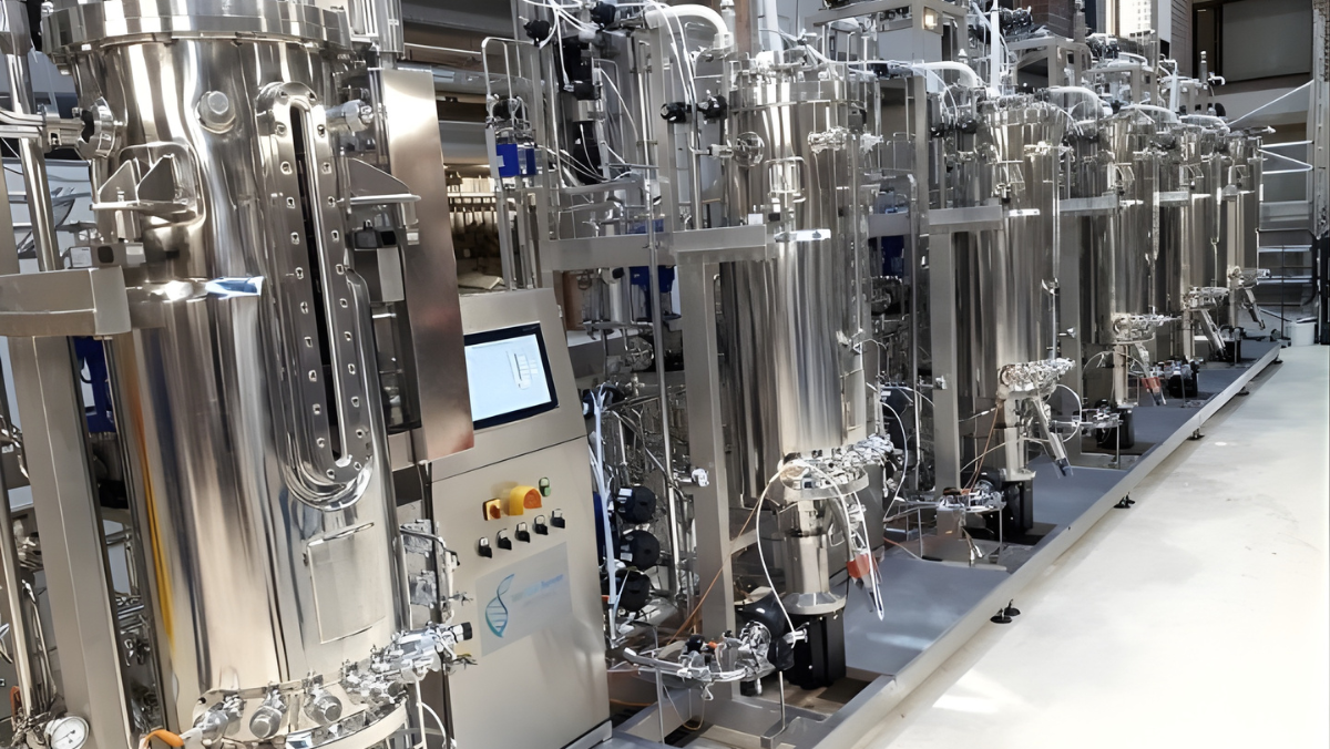 Stainless-steel industrial fermenters in a modern pilot facility supporting expanded US bioindustrial capacity