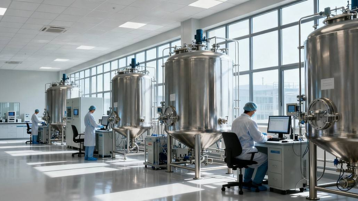 Biomanufacturing staff oversee stainless steel fermenters in a high-tech production line.