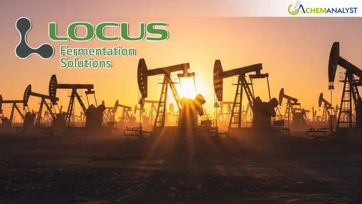 Oil pumpjacks in sunset with Locus Fermentation Solutions branding overlay