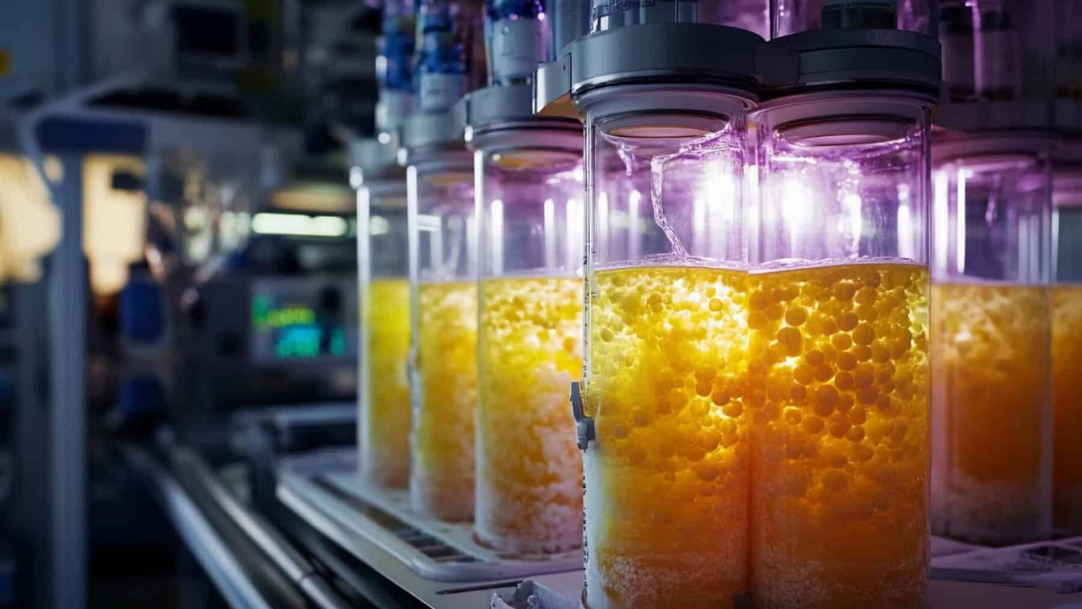 Illuminated bioreactors filled with active yellow microbial cultures in a pharma lab